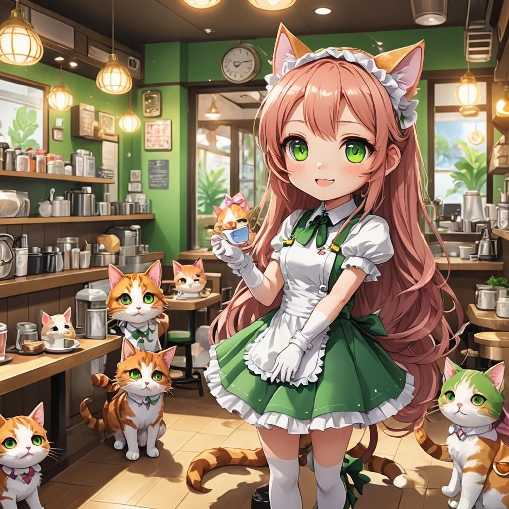 Chibi Catgirls in Cat Cafe: Cel-Shaded Anime Art