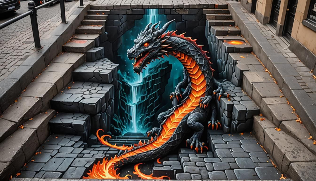 Sidewalk Chalk Art: Dragon's Lava Rune Ascent
