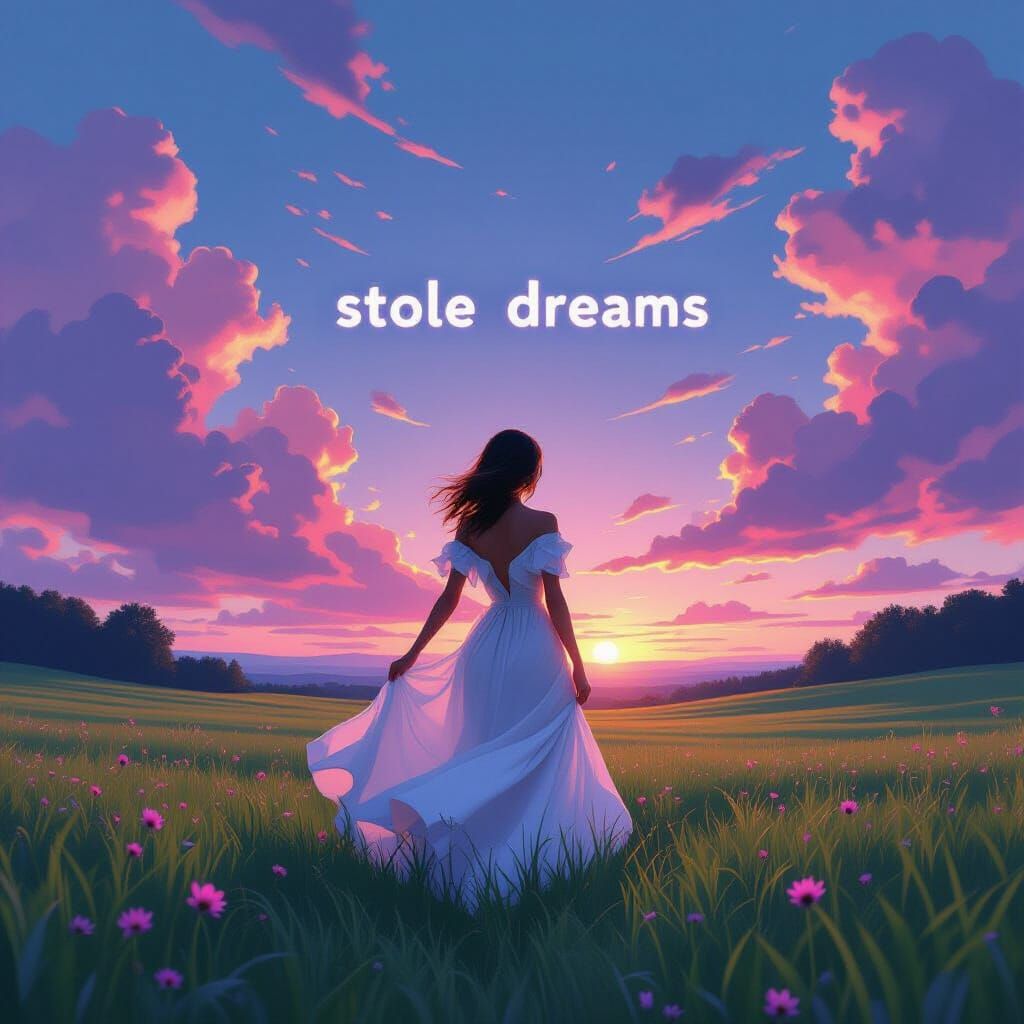Woman in Meadow Under Purple Skies with Dreamy Clouds