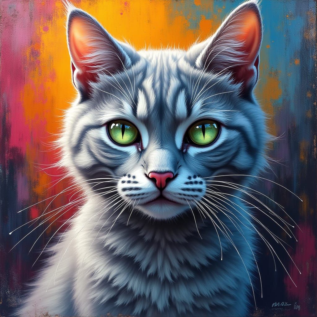 Regal Silver Tabby Cat with Piercing Green Eyes Amidst Vibra...