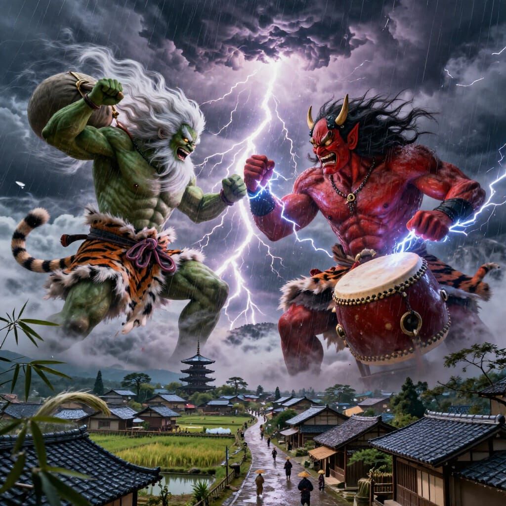 Fujin and Raijin Playful Battle in Stormy Sky