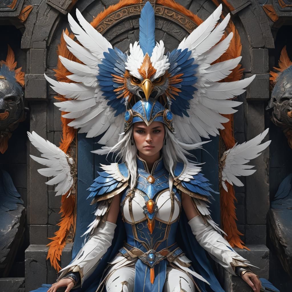 Falcon-Helmeted Woman on Stone Throne: Fantasy Concept Art
