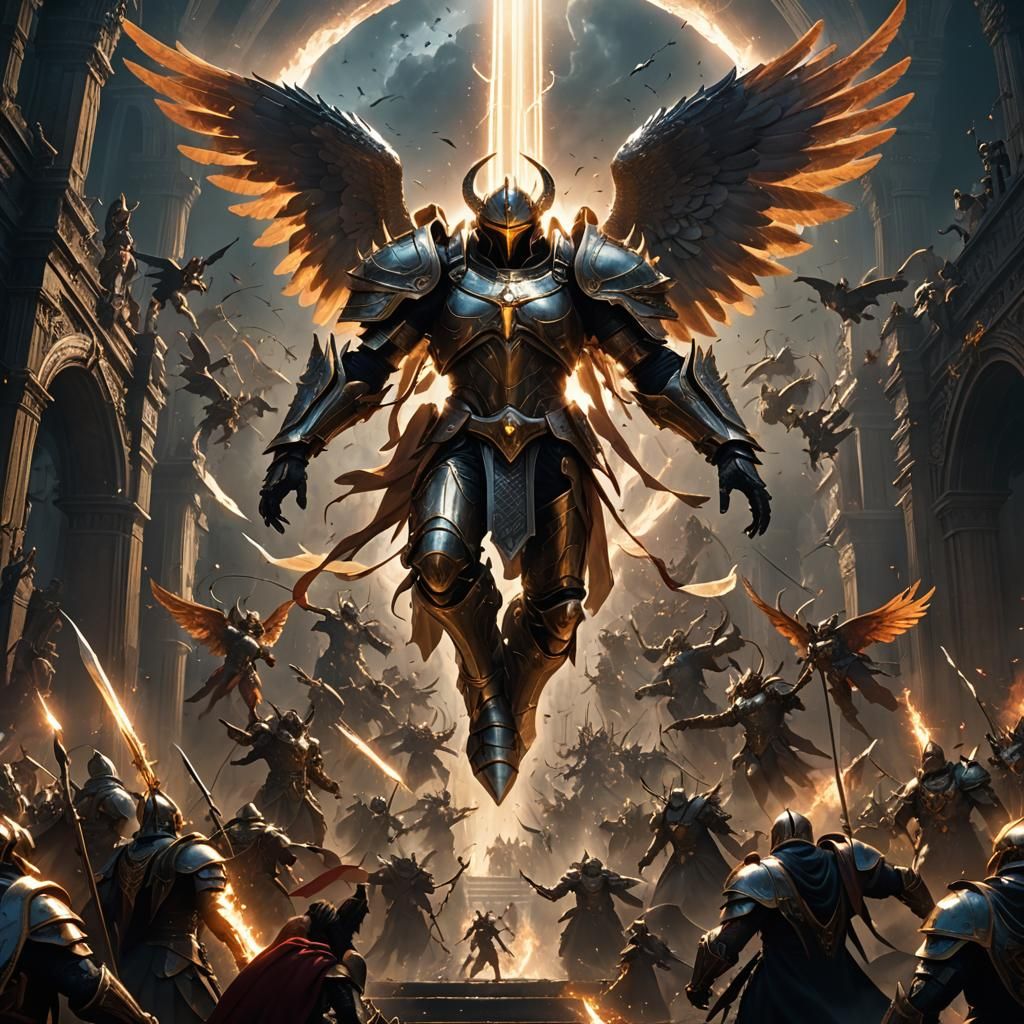 Armored Archangel Descending Upon Demons
