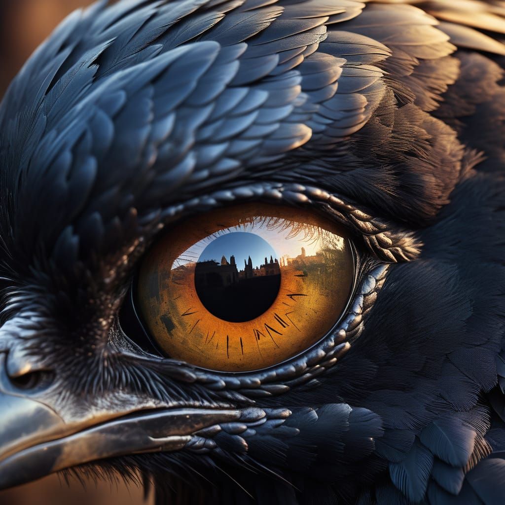 Hyperrealistic Raven's Eye Reflects Ancient City in Golden H...