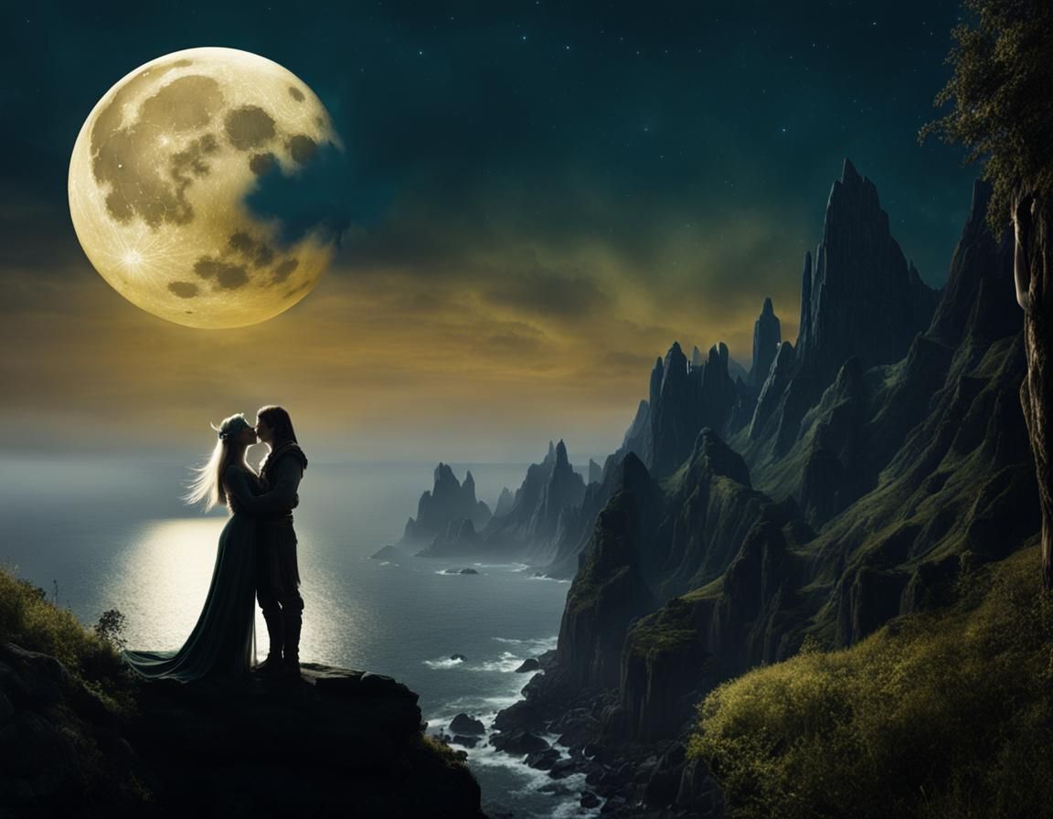 Elven Couple Kissing in Moon, Double Exposure Art