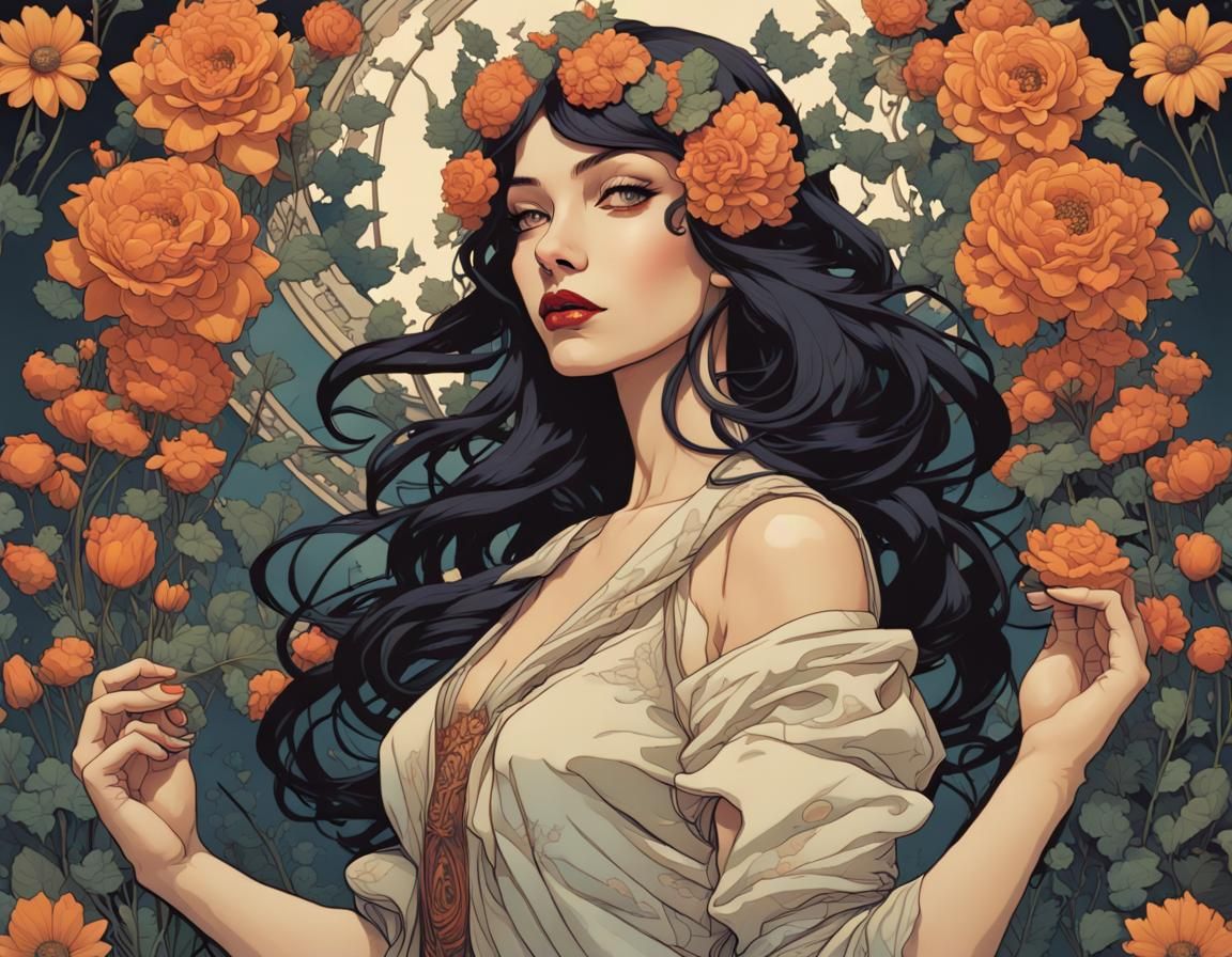 Surreal Woman in Flower Field, Art Nouveau Style