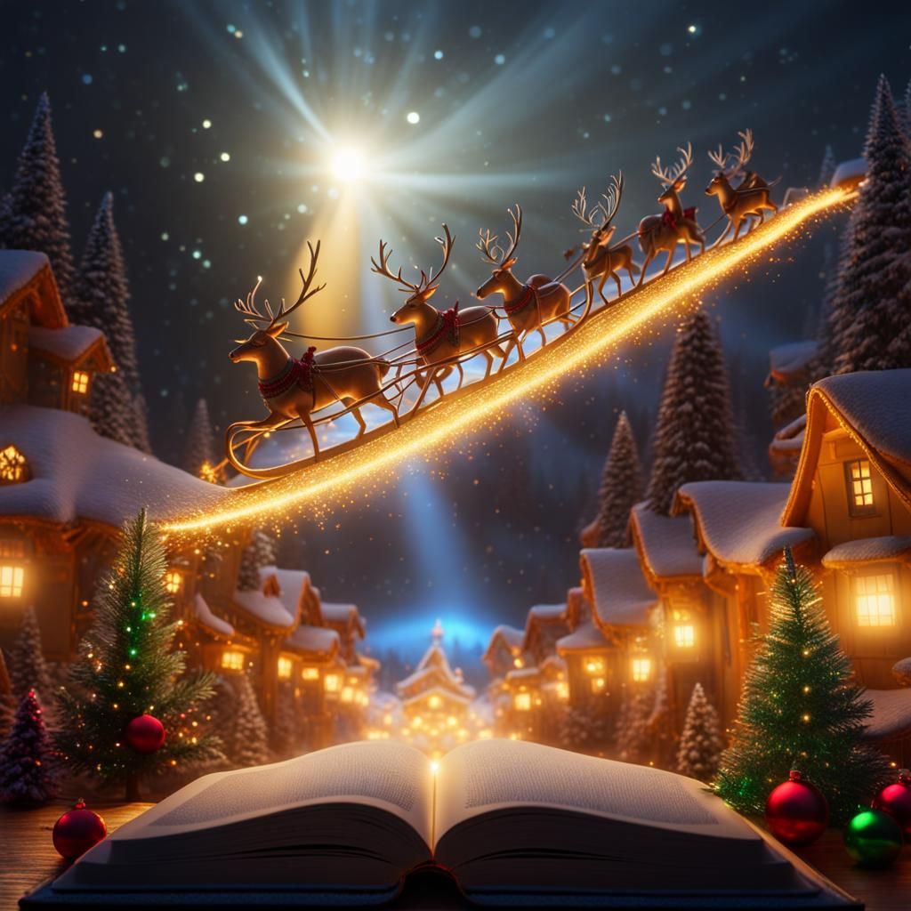 Santa's Sleigh Emerges from Fantasy Book in Vivid Color