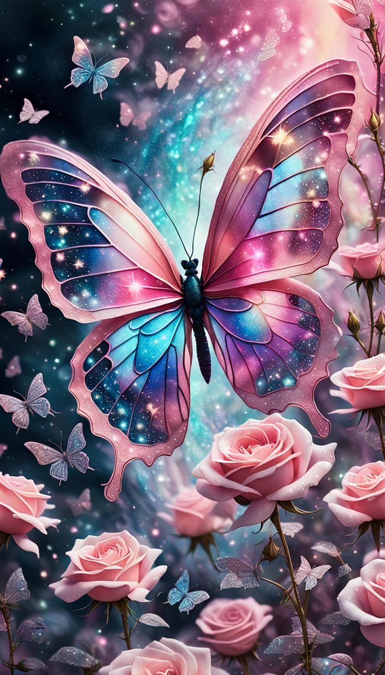 Cosmic Roses and Butterflies in Astral Illustration