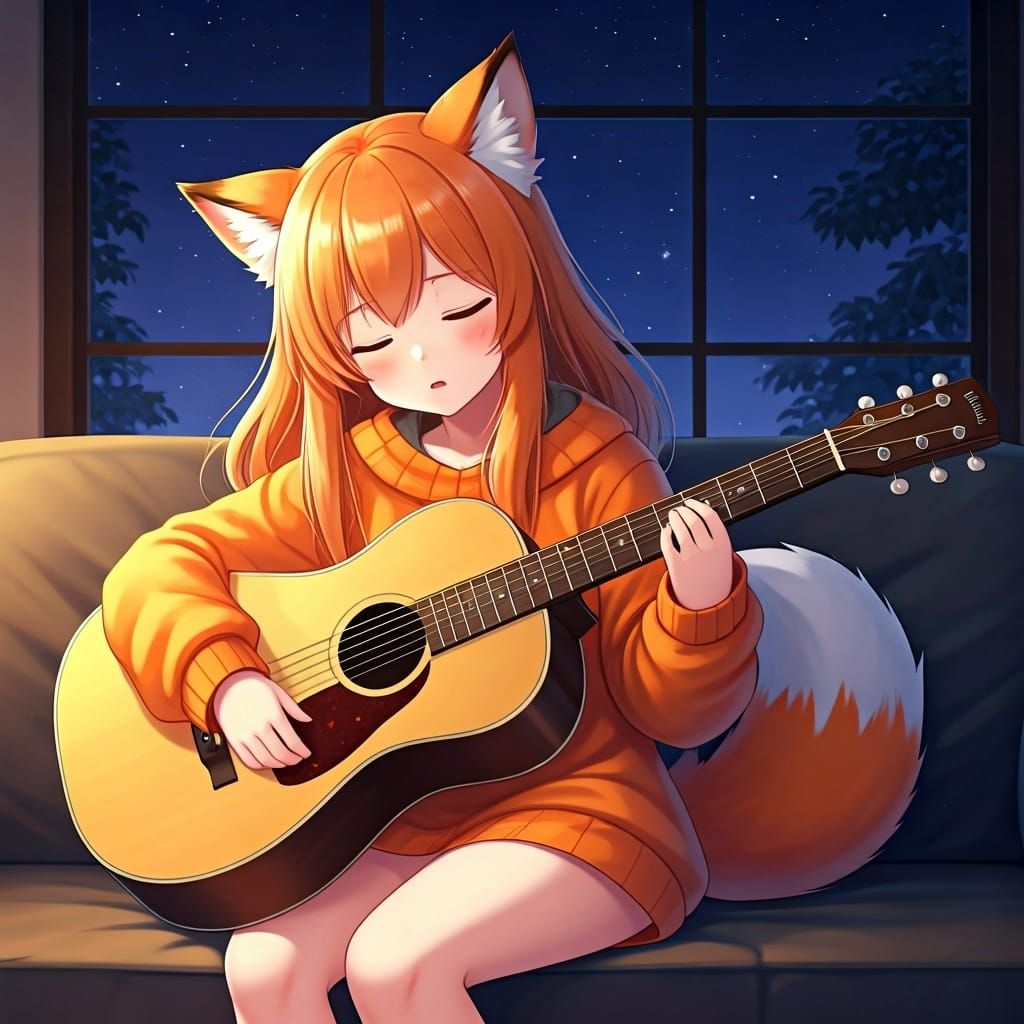 Anime Kitsune Girl Sleeping on Guitar