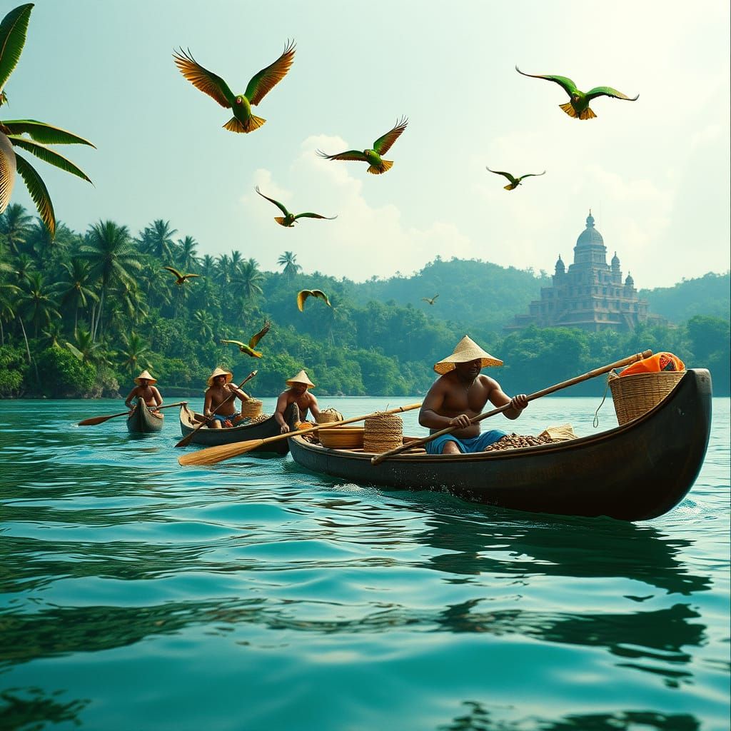 Maya Traders in Dugout Canoes on Tropical Coastline