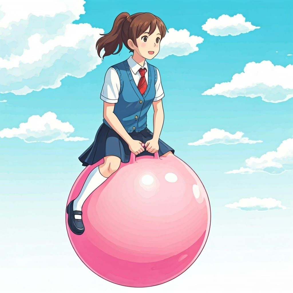 Ghibli-Style School Girl Bouncing on Hopper Ball