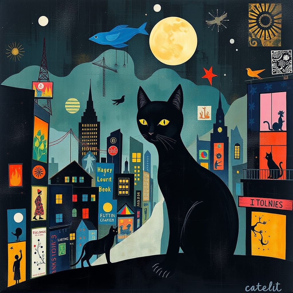 Surreal Black Cat in Fragmented Cityscape