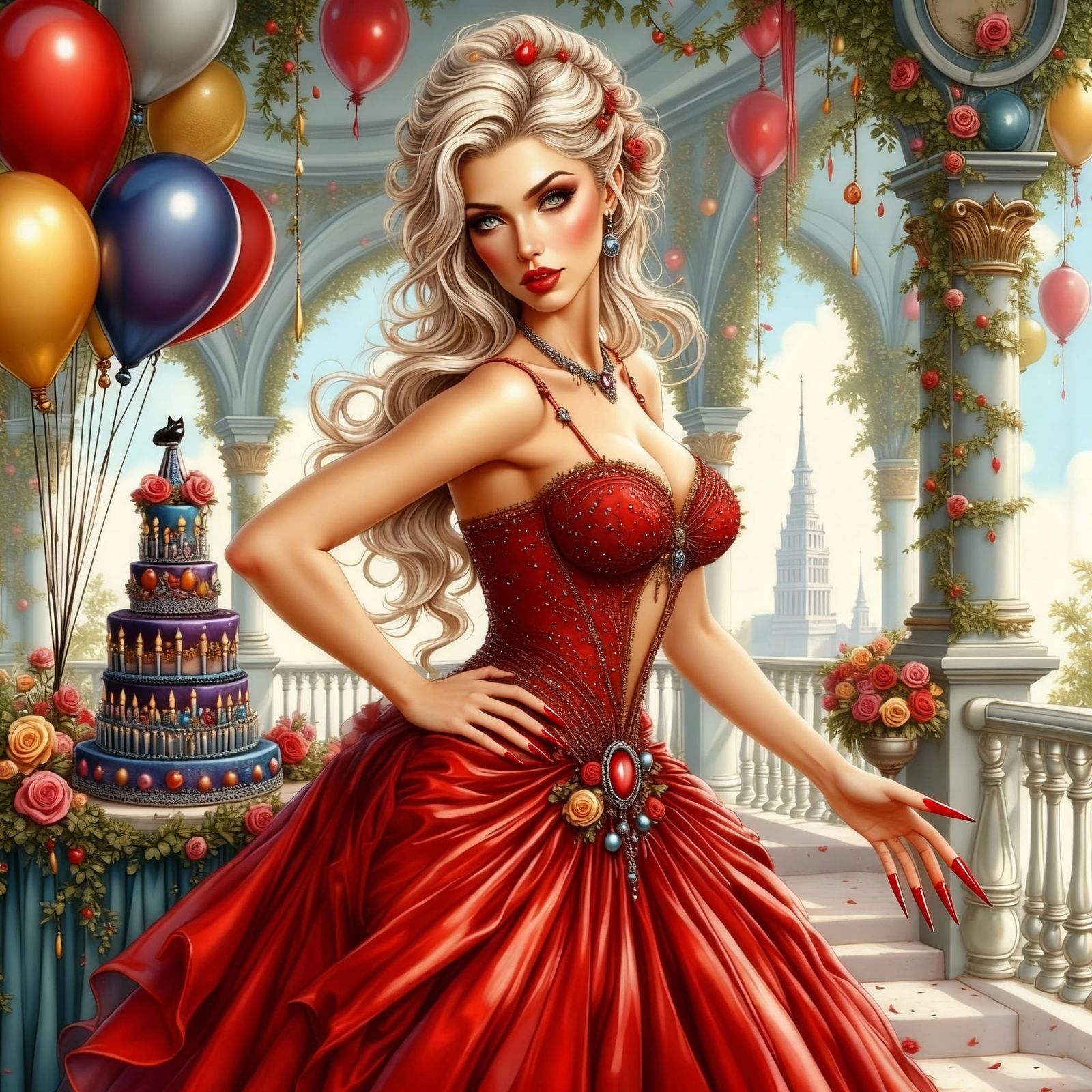 Elven Beauty in Red Gown at Whimsical Birthday Ball