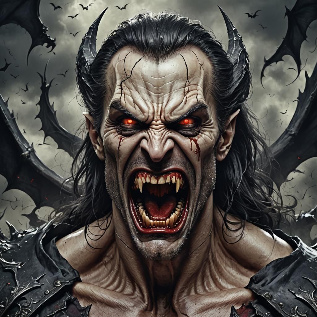 Furious Vampire Portrait with Bloody Fangs