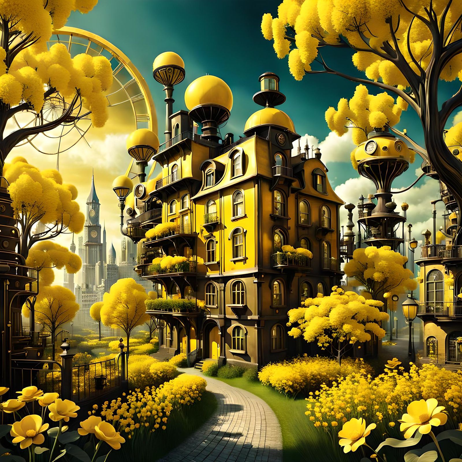 Surreal Yellow Steampunk Cityscape
