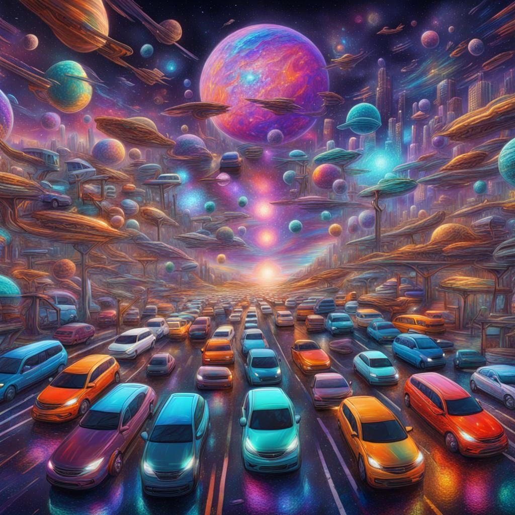 Holographic Traffic Jam in Cosmic Astral Illustration