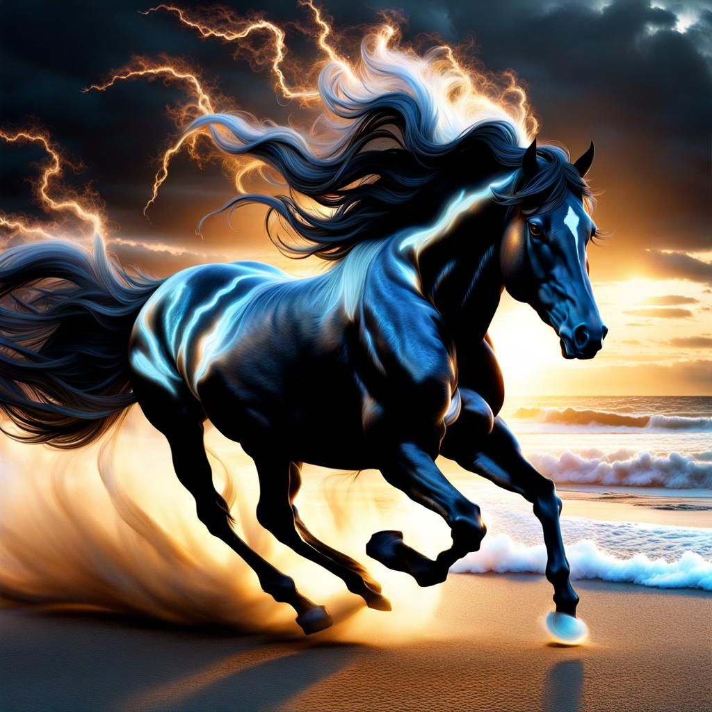 Ethereal Horse Running In Waves