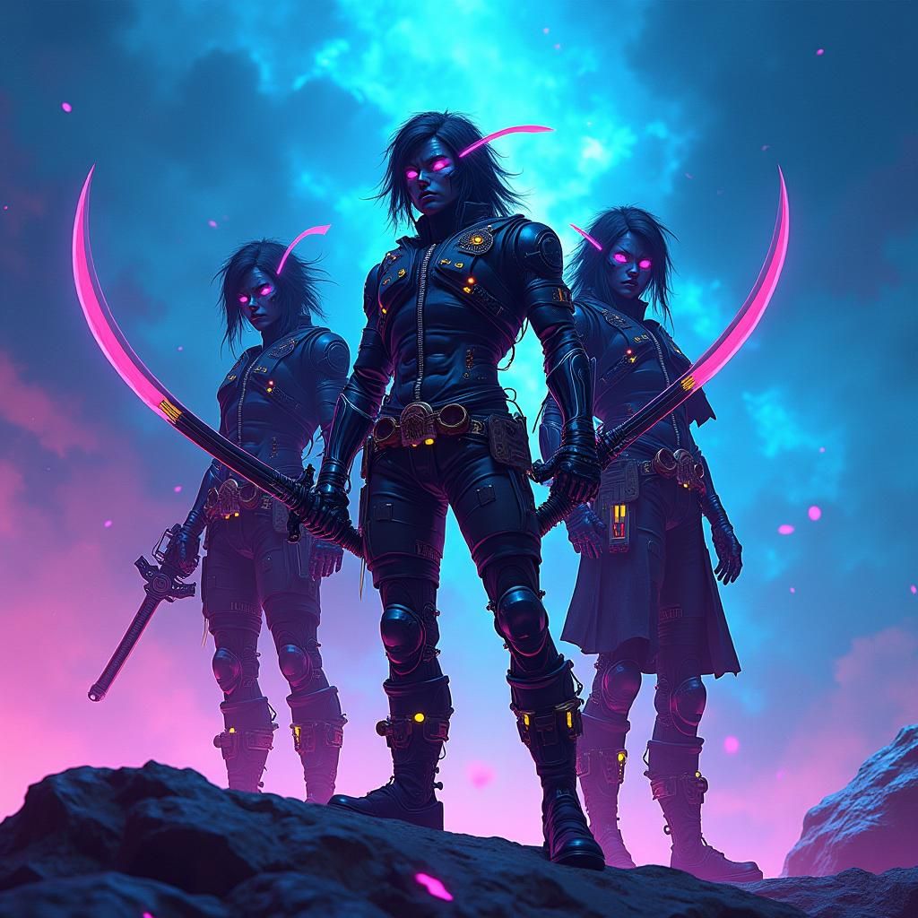 Cyberpunk Cosmic Pirates in Electric Nebula