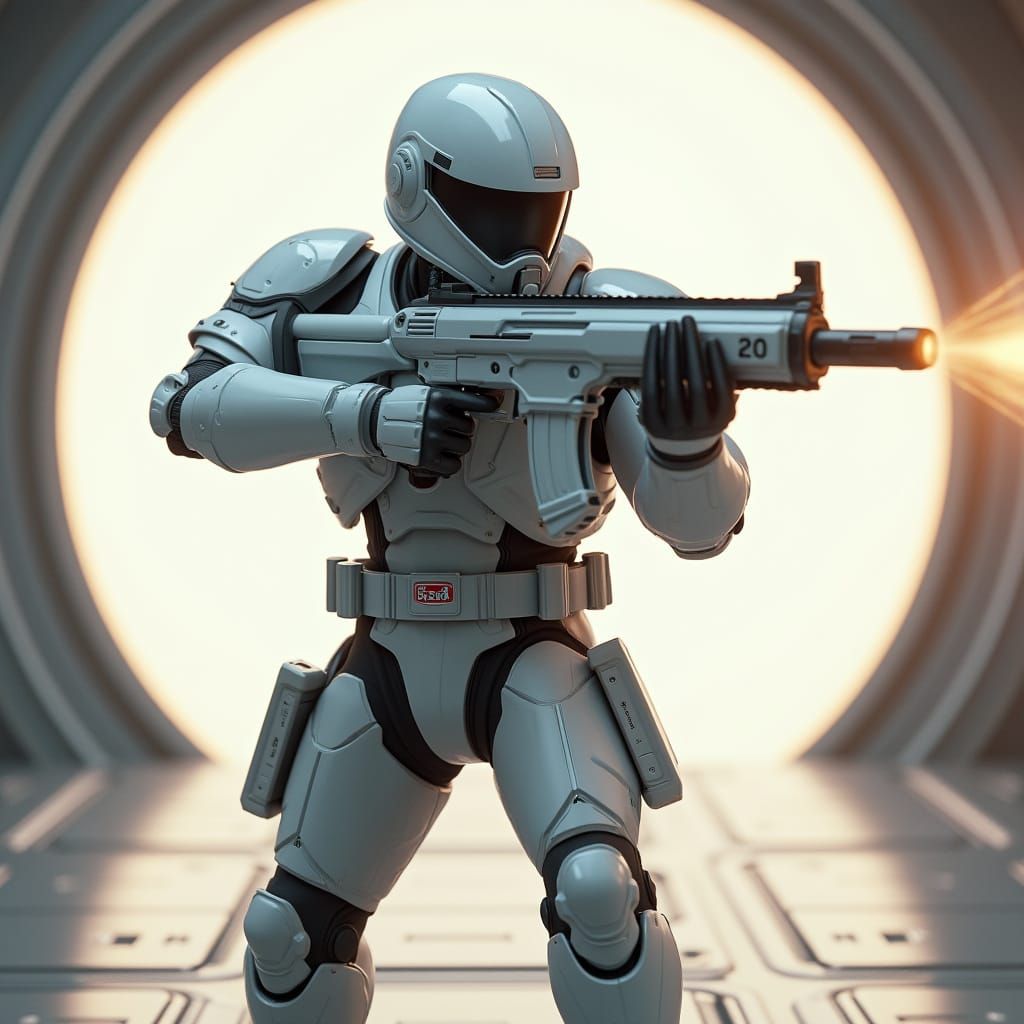 Futuristic Security Guard Firing Plasma Carbine in Pixar Sty...