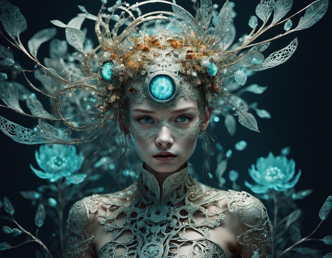 Filigree Woman Among Alien Flora in Anime Style