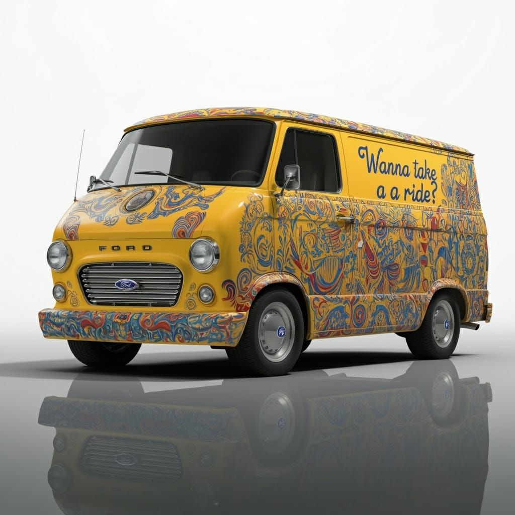 Vibrant Ford Van in Psychedelic Folk Art Style with 3D Emble...