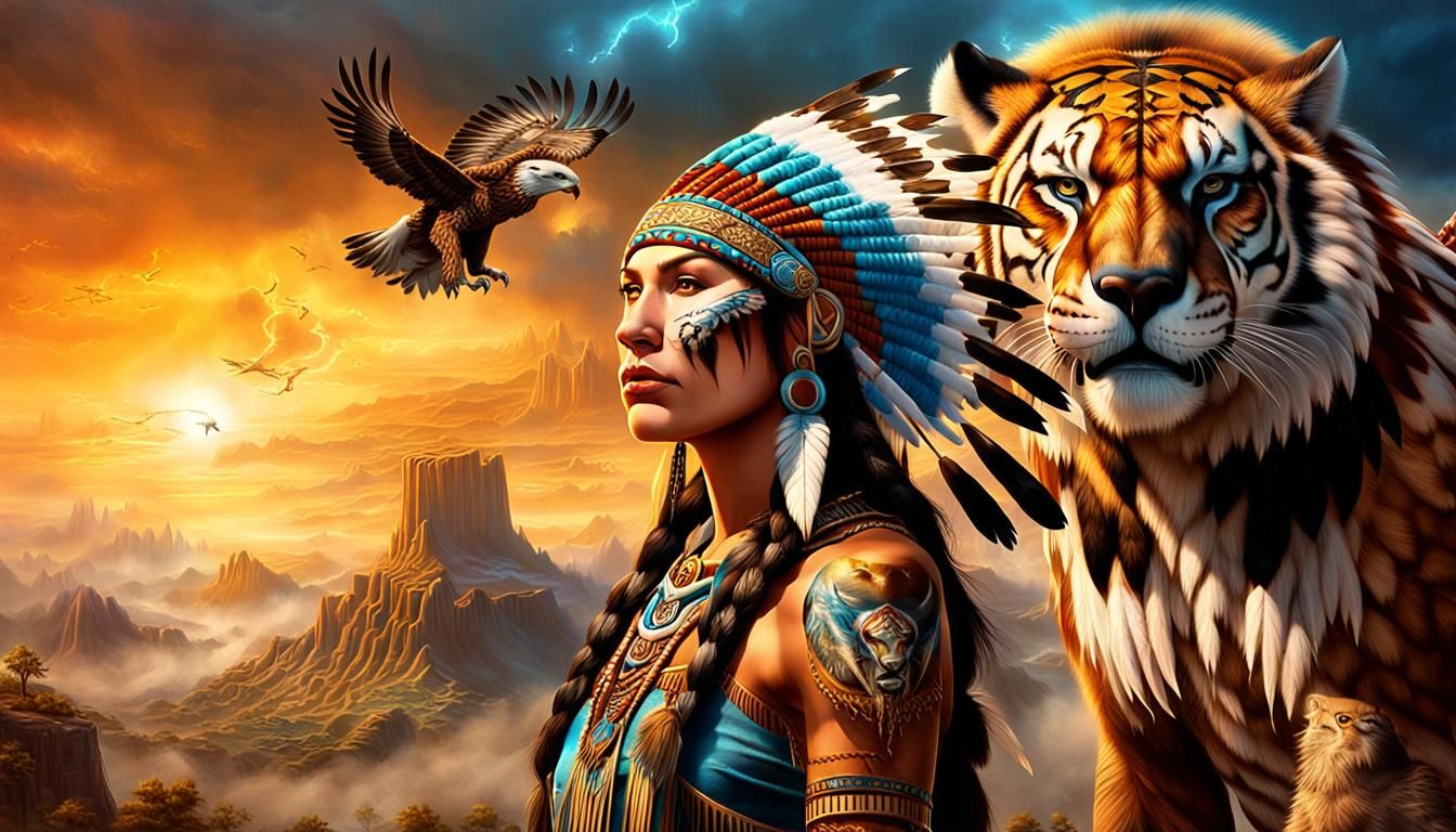 Native American Warrior Woman with Sabertooth Tiger in Airbr...