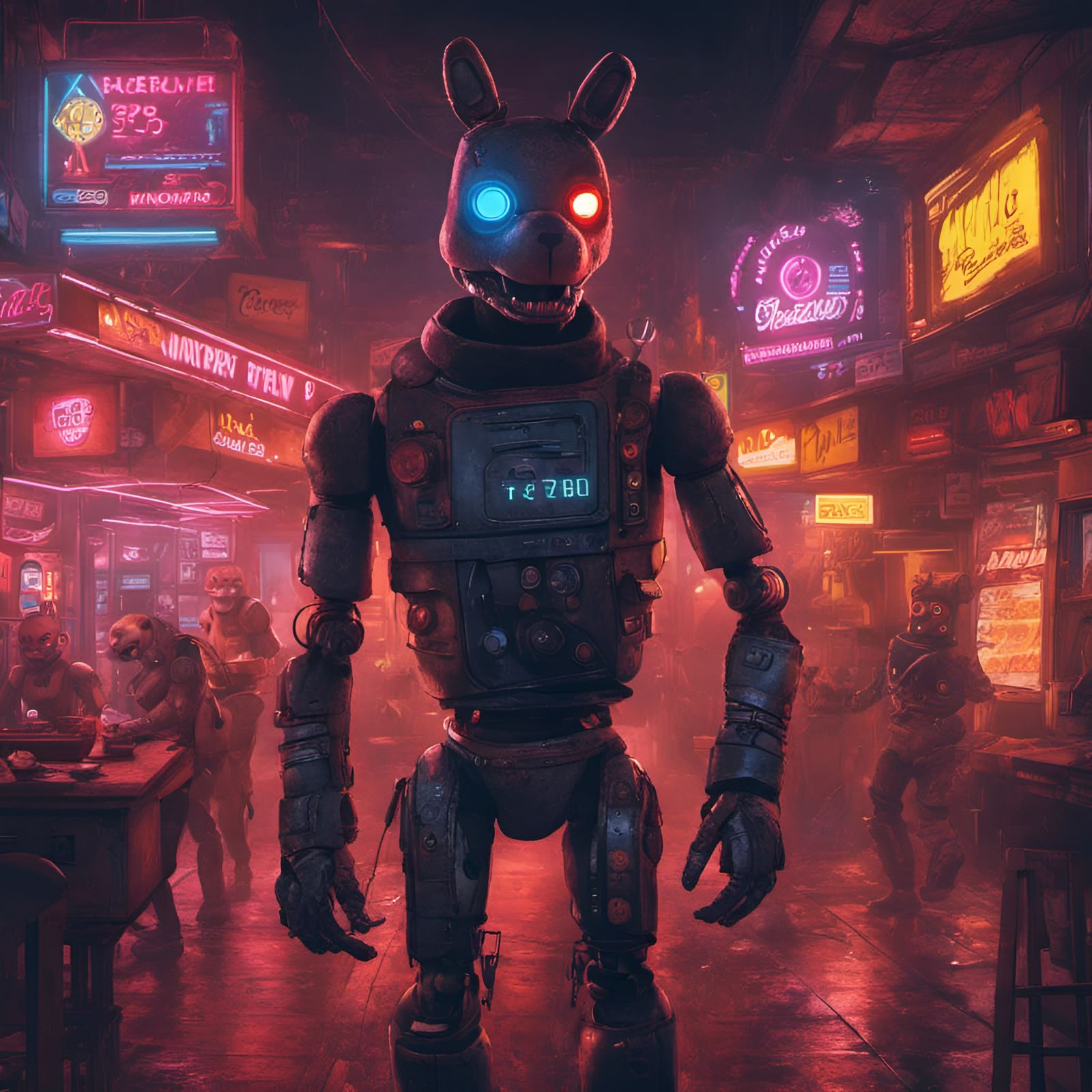 Cyberpunk FNAF Pizzeria with Animatronic Robots