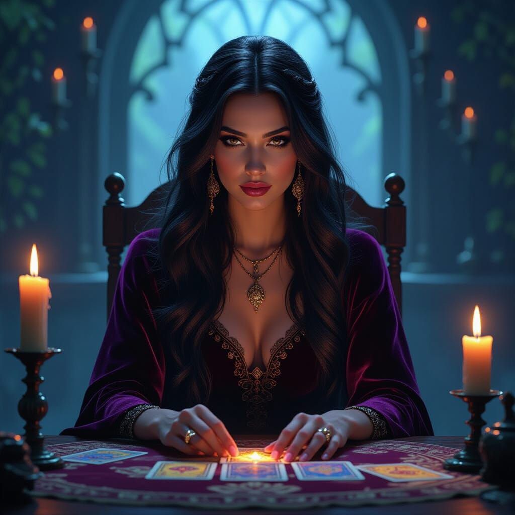 Mystical Lady Reading Tarot Cards by Candlelight