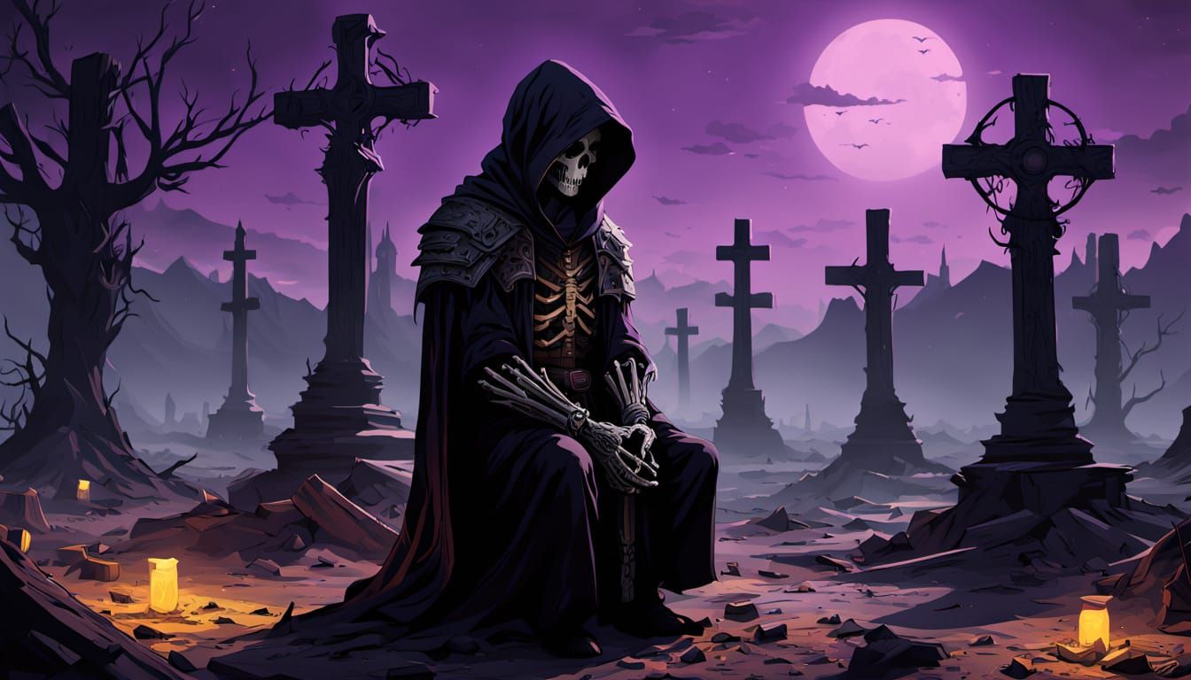 Skeletal Cowboy in Prayer Amidst Ruin, in Dark Fantasy Style