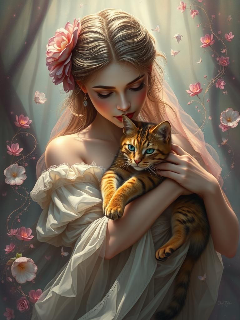 Woman with Cat: Romanticism-Style Fantasy Art