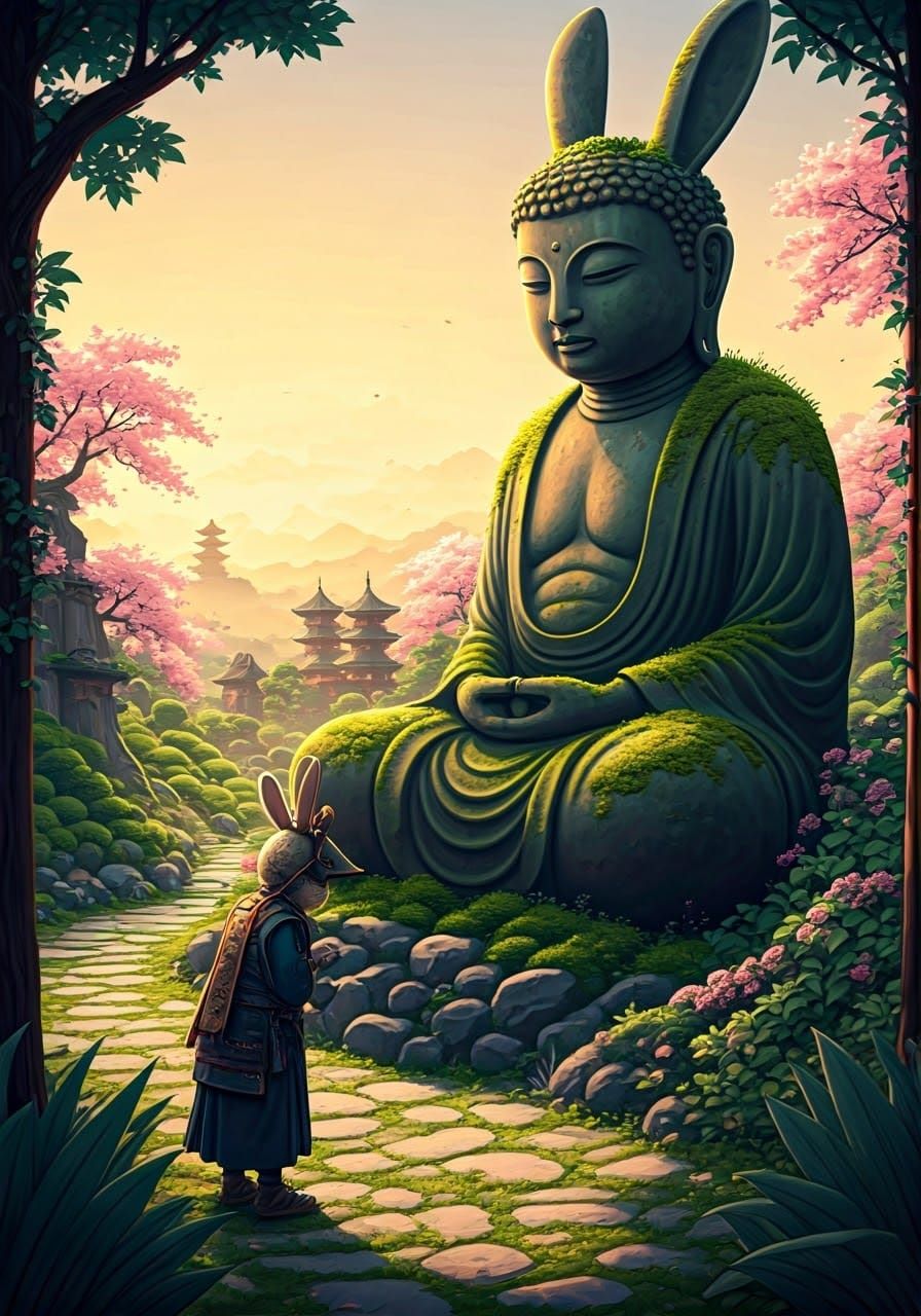 Samurai Rabbit Bowing to Buddha Statue