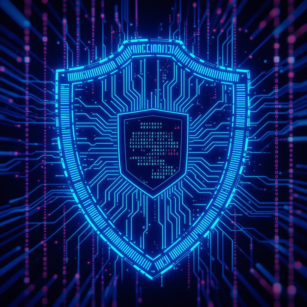 Futuristic Cyber Shield with Code Fragments