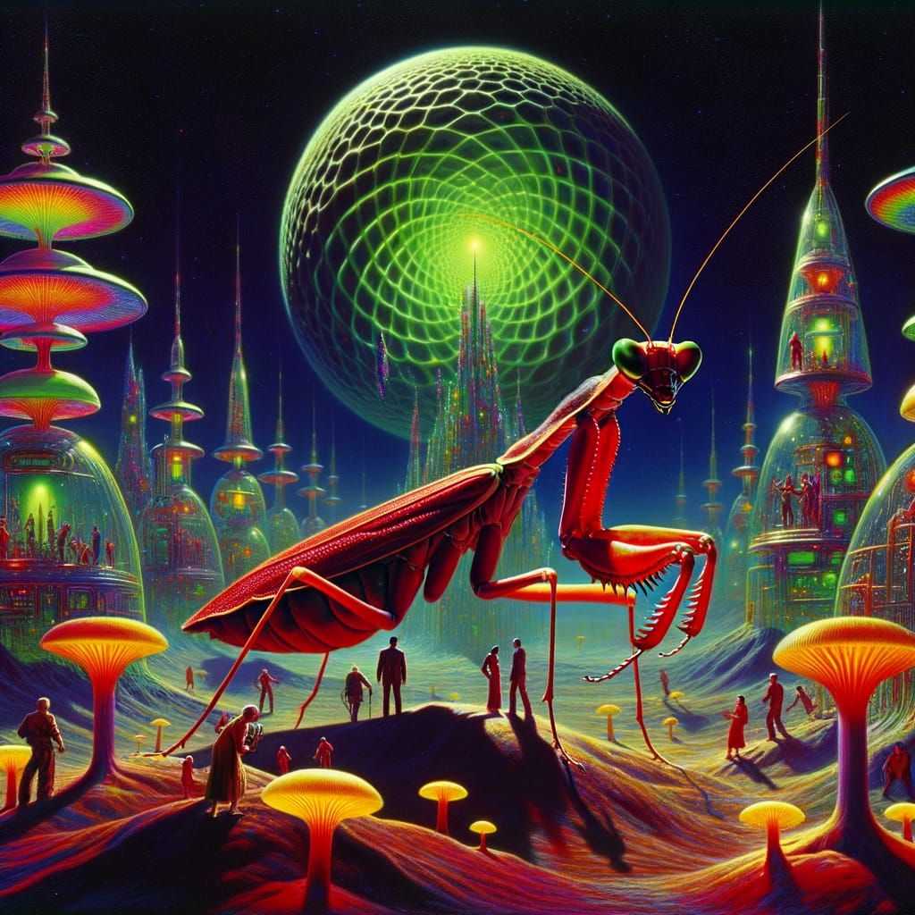 Eerie Twilight Zone Scene with Giant Mantis