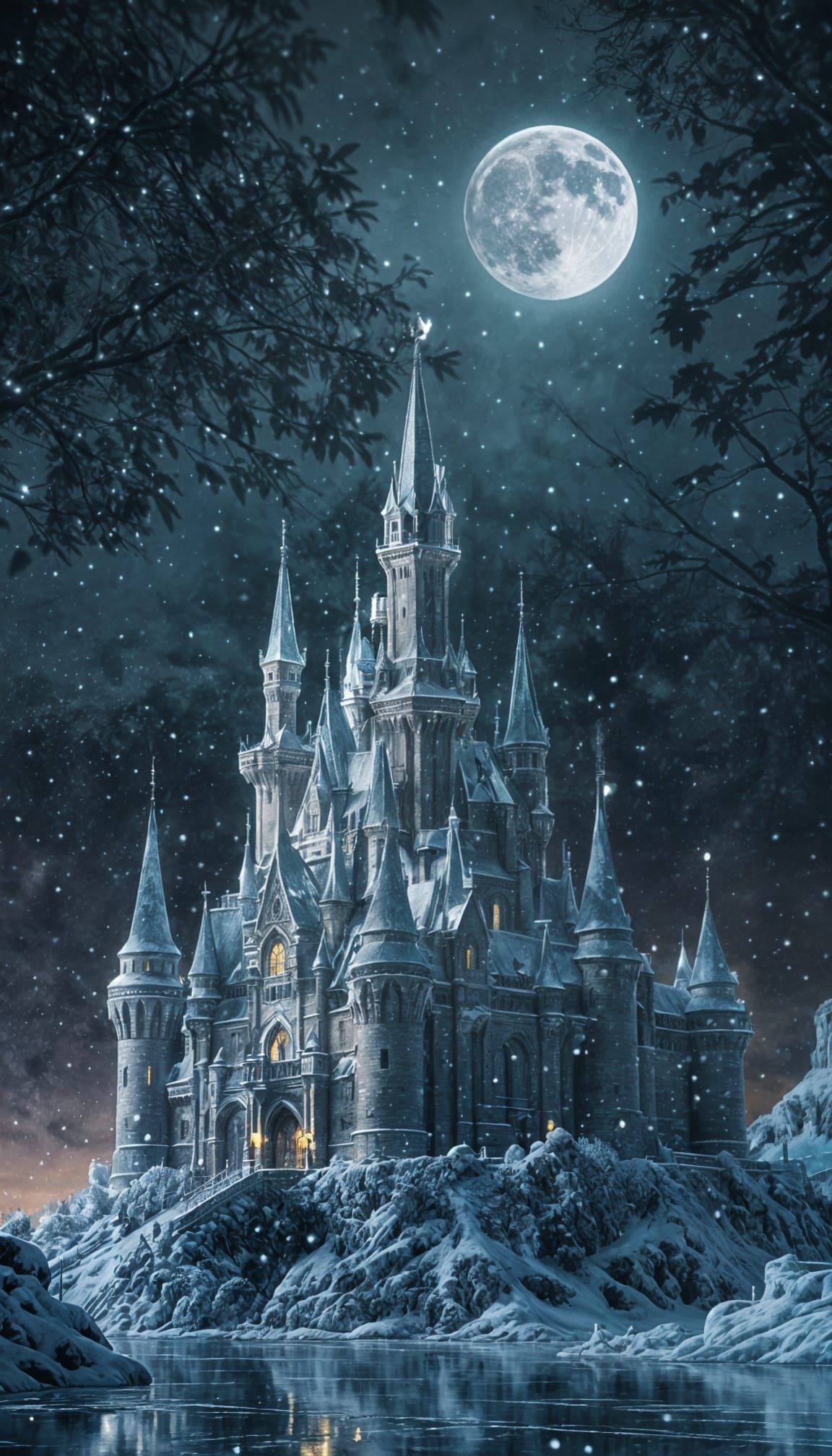 Winter Wonderland Ice Castle Under Moonlit Sky