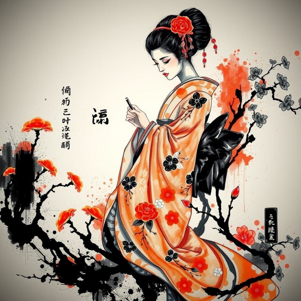 Geisha Writing Calligraphy in Impasto Style