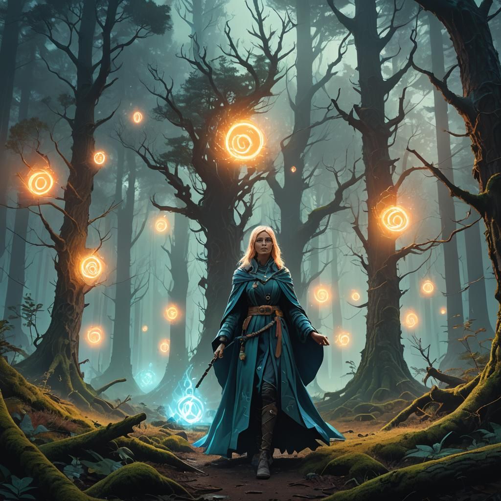Mystical Sorceress Conjuring Magic in Ethereal Forest