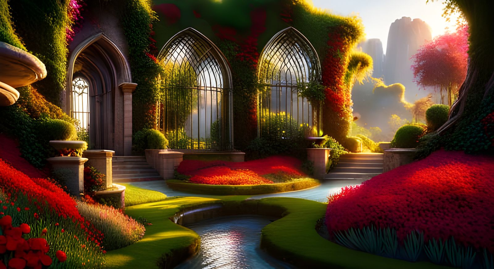 Scarlet Flower Garden: A Detailed Matte Painting