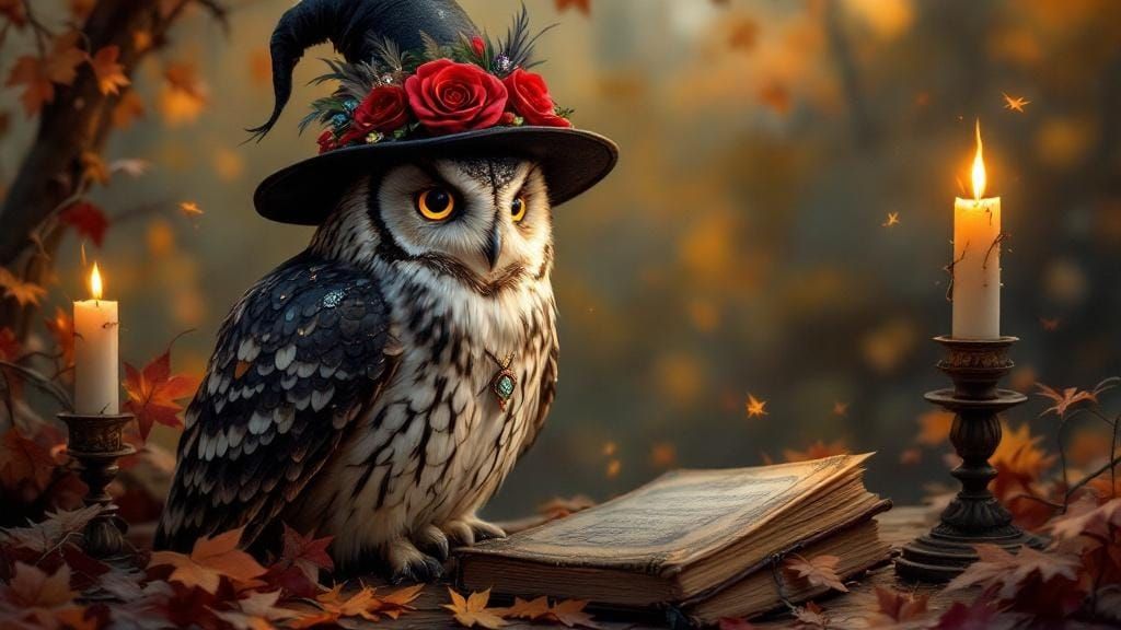 Owl and Witch Hat with Roses in Autumn