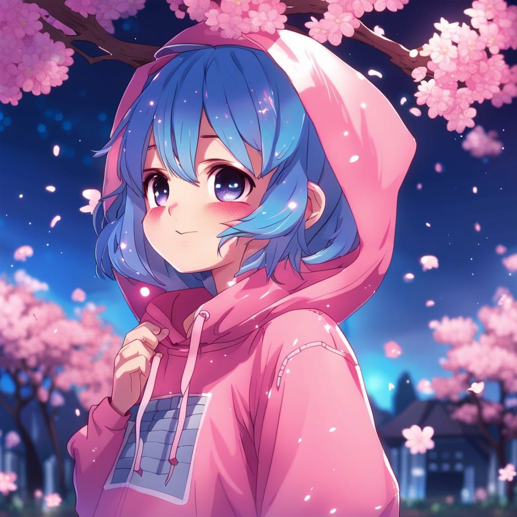 Anime Girl with Blue Hair Under Blossom Tree