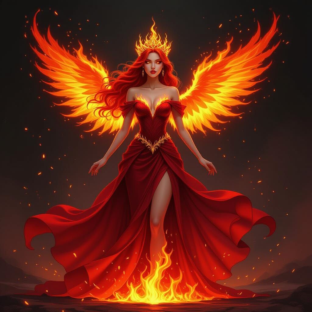 Flame Princess in Flowing Gown with Blazing Wings