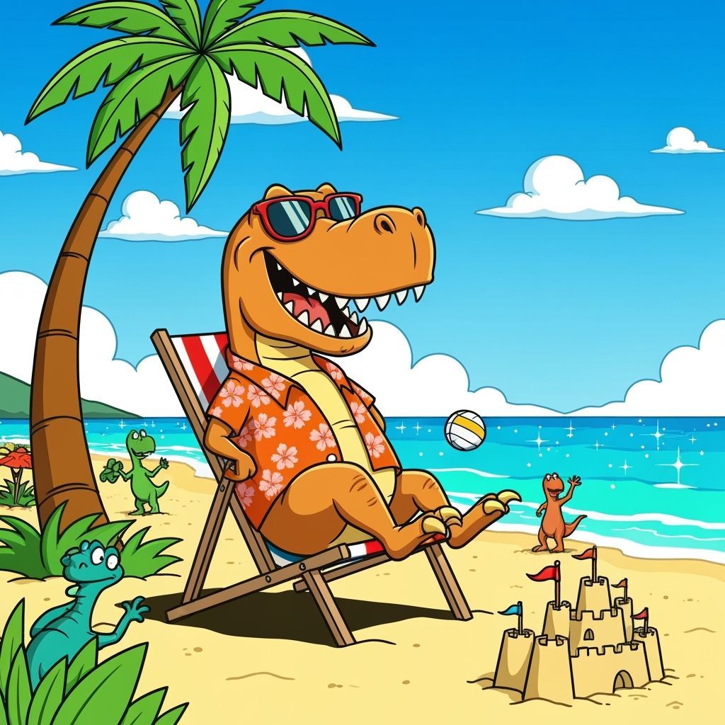 Cartoon T-Rex on Vacation in Saturday Morning Style