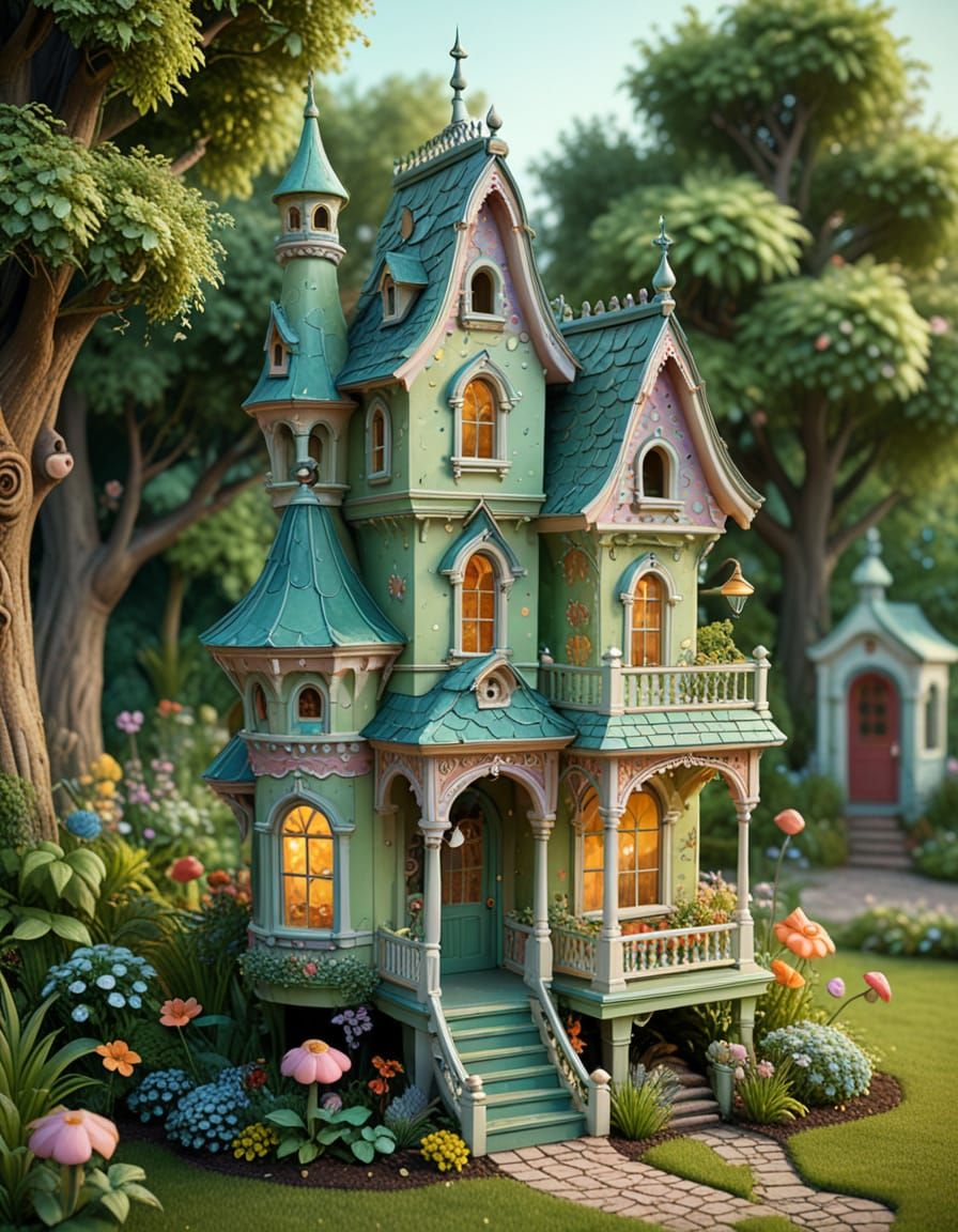 Whimsical Victorian Birdhouse in Lush Garden