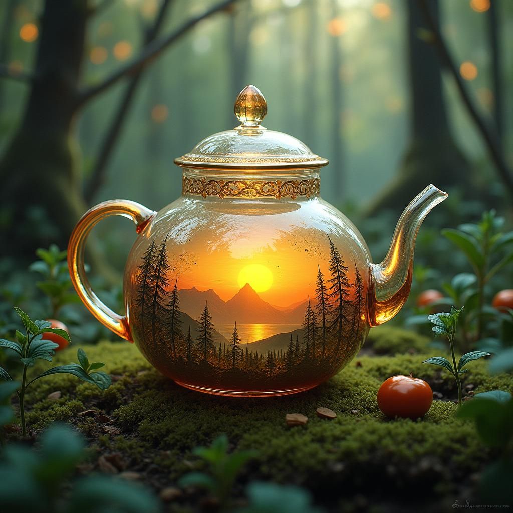 Glass Teapot Radiates Sunset in Lush Forest