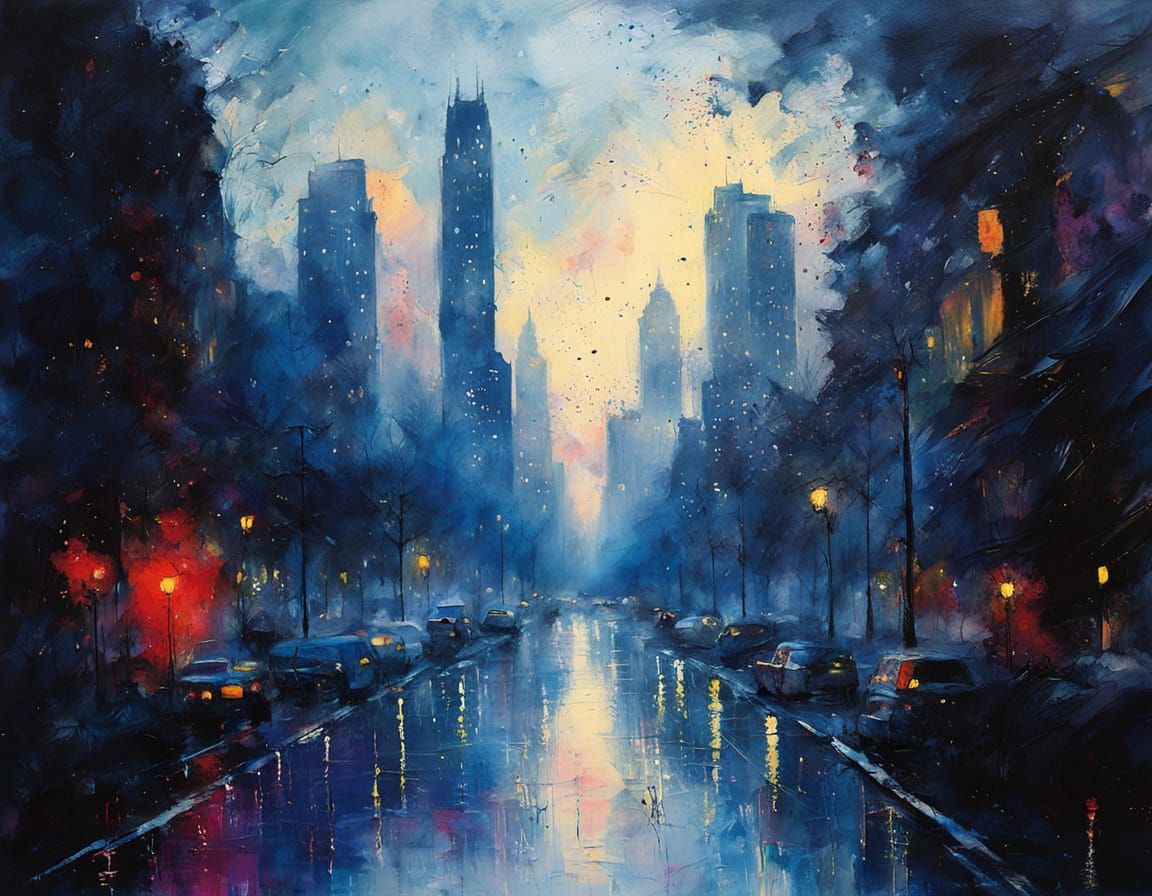 Vibrant Cityscape at Twilight as Melted Oil Art