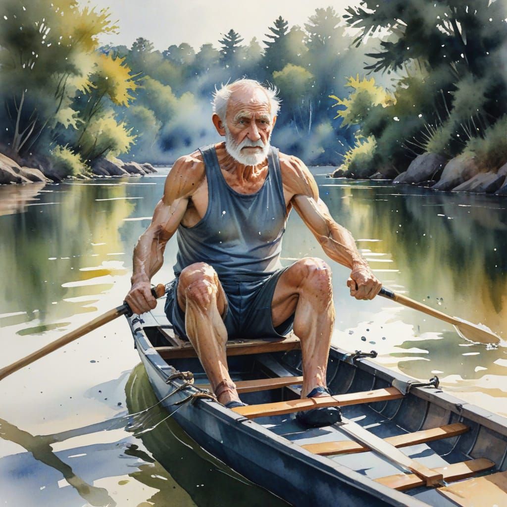 Watercolor Painting of Old Man Rowing