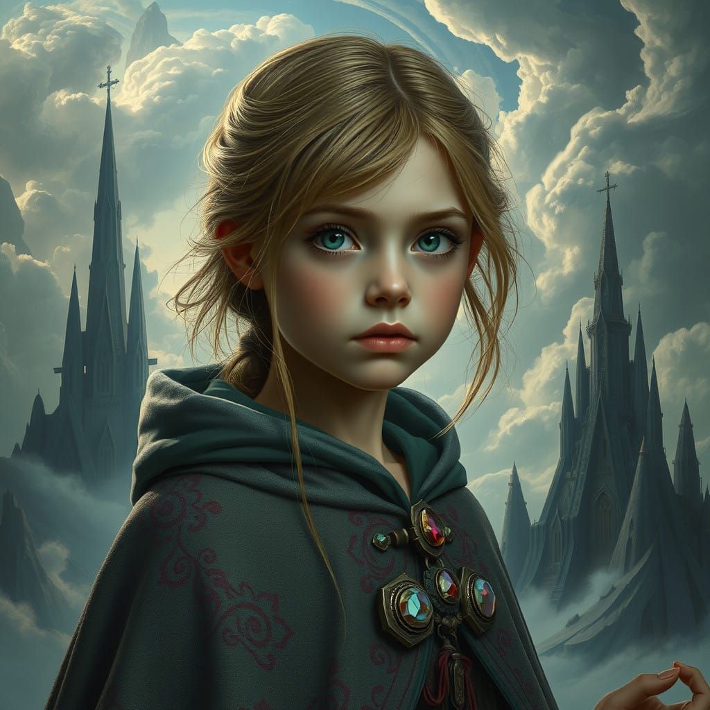 Girl in Elegant Cloak in Mystical Landscape