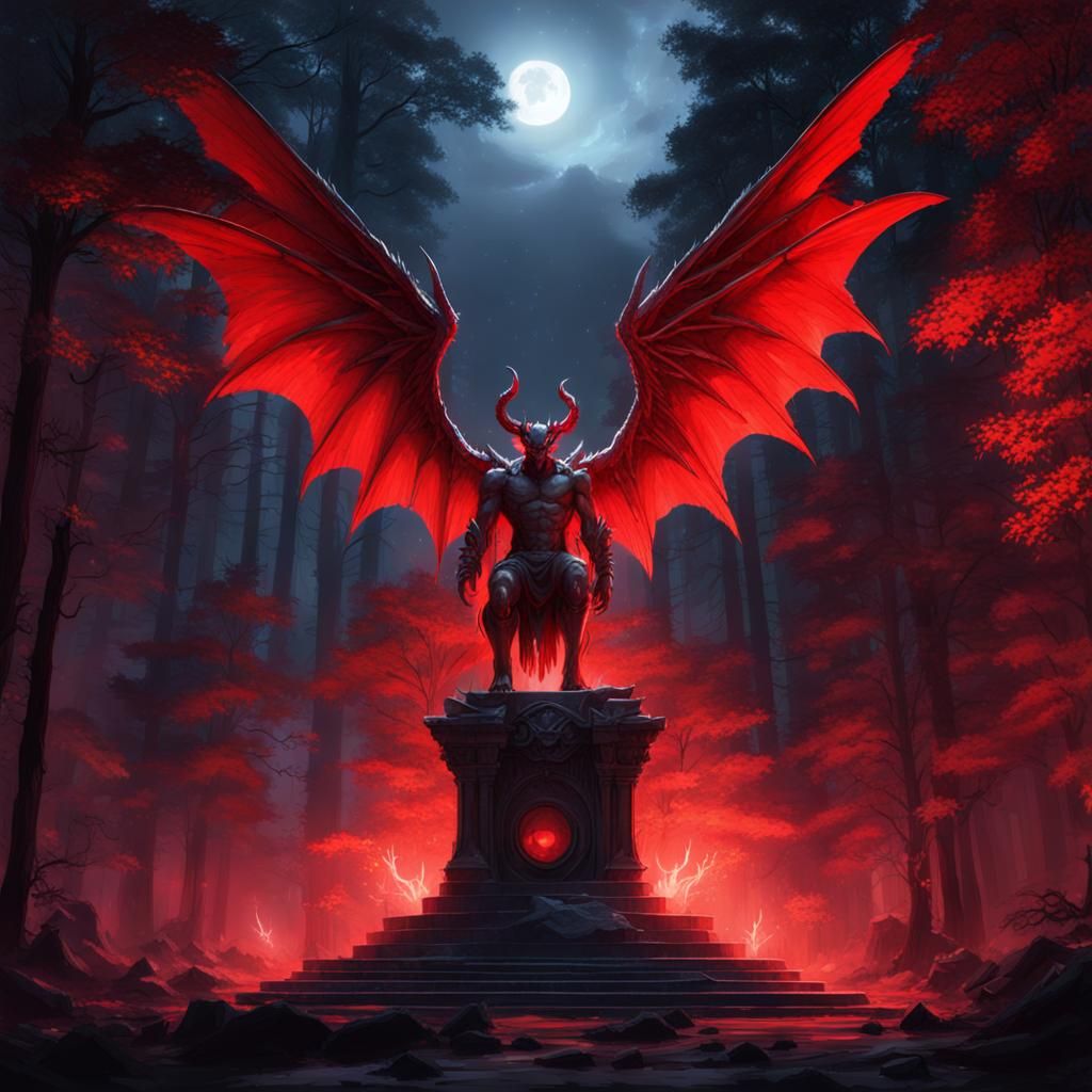 Winged Demon Statue in Forest, Fantasy Concept Art