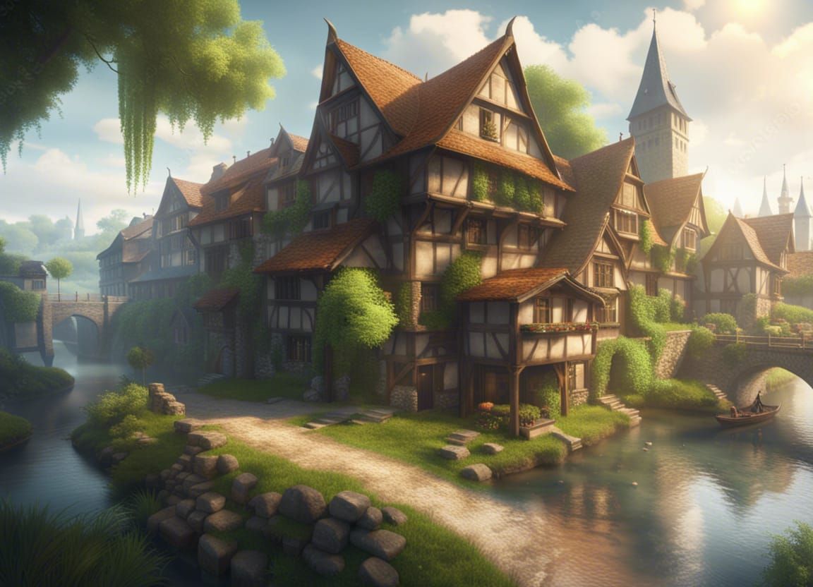 Lush Medieval Village: Watercolor Fantasy Landscape