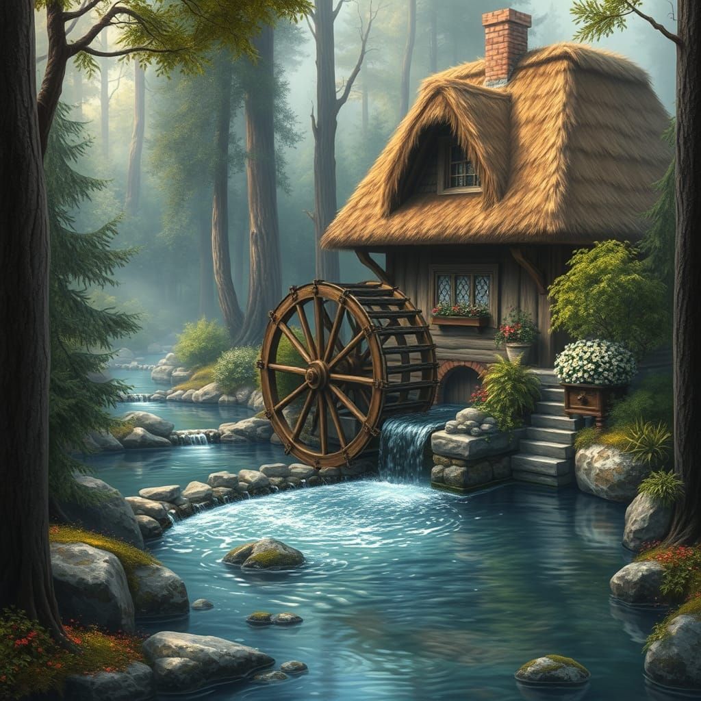 Whimsical Waterwheel in a Secluded Woodland