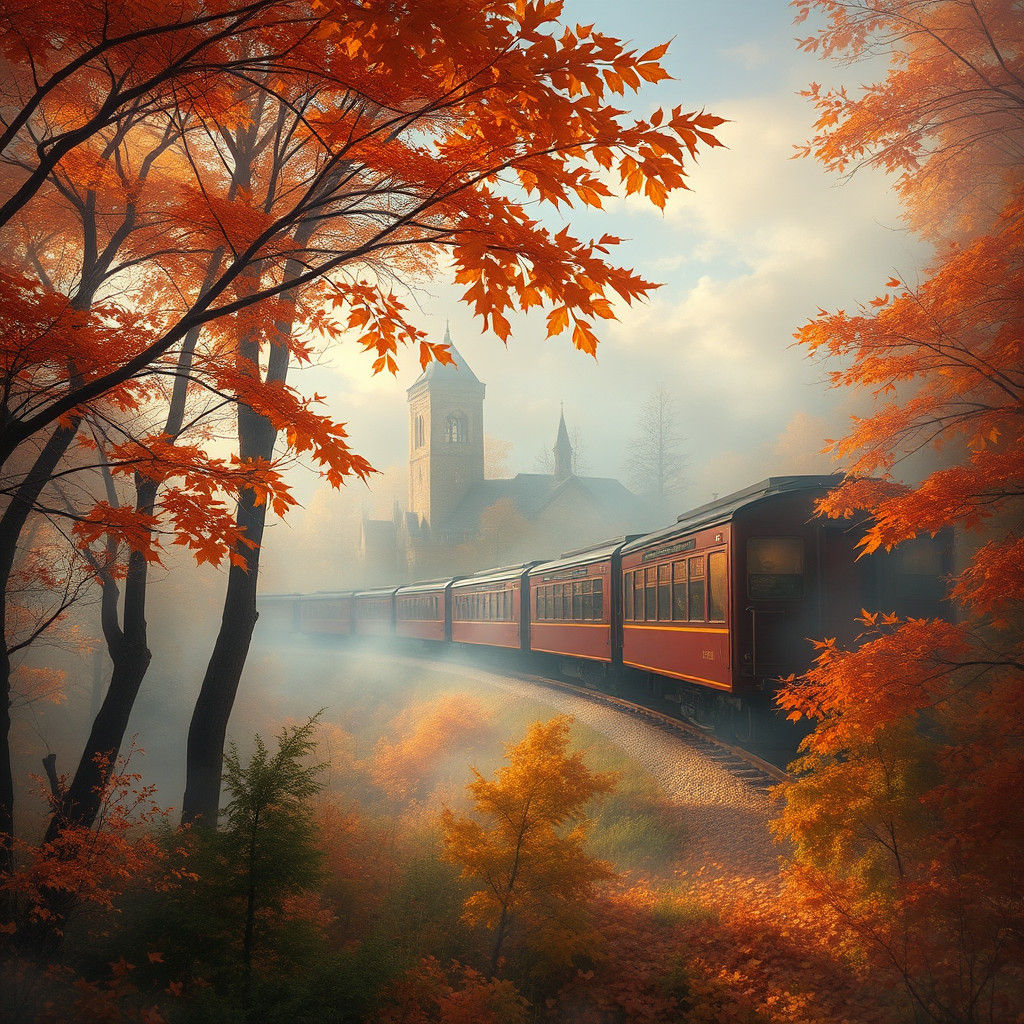 Ethereal Autumn Train in Hidden City, Fantasy Art